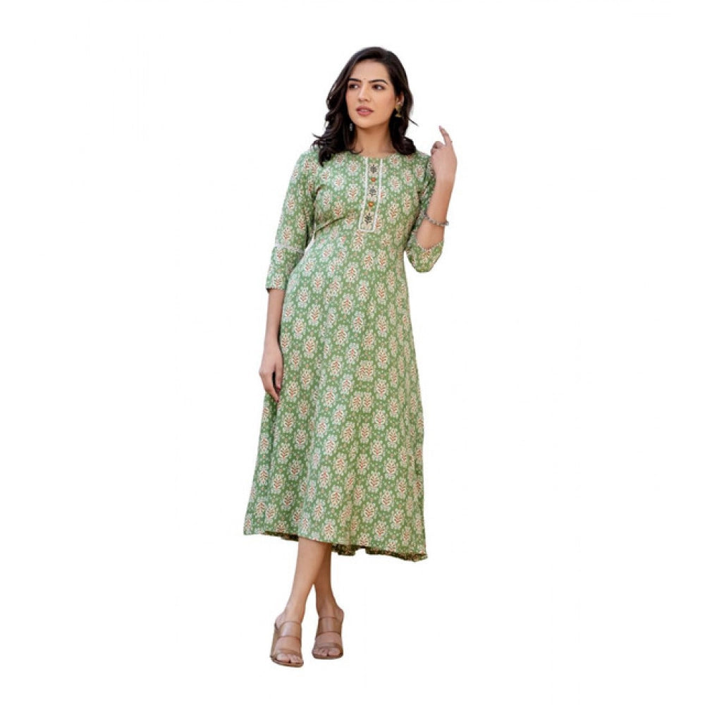 Generic Women's Rayon  Print With Embroidery Work A-Line Kurti (Green) Main image