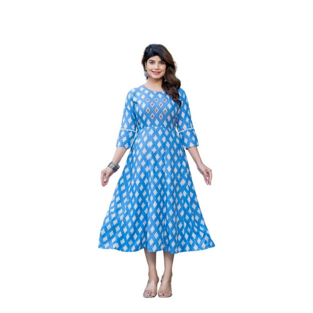 Generic Women's Rayon Print With Embroidery Work A-Line Kurti (Sky Blue) Main image