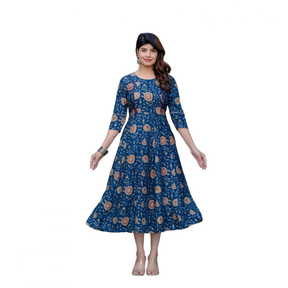 Generic Women's Rayon Print With Embroidery Work A-Line Kurti (Navy Blue) Main image