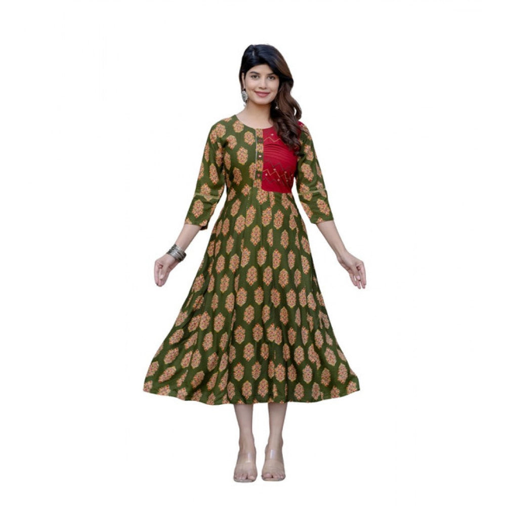Generic Women's Rayon Print With Embroidery Work A-Line Kurti (Dark Green) Main image
