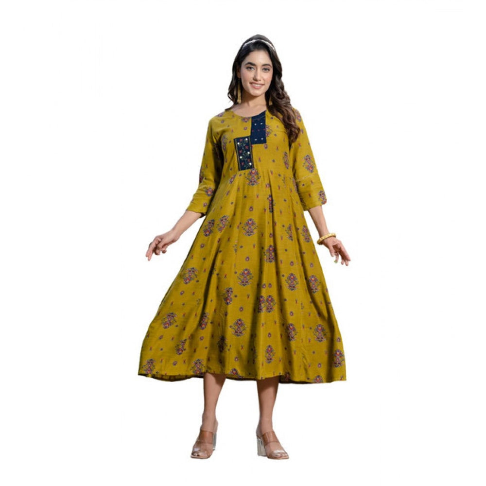 Generic Women's Rayon Print With Embroidery Work A-Line Kurti (Mehendi) Main image