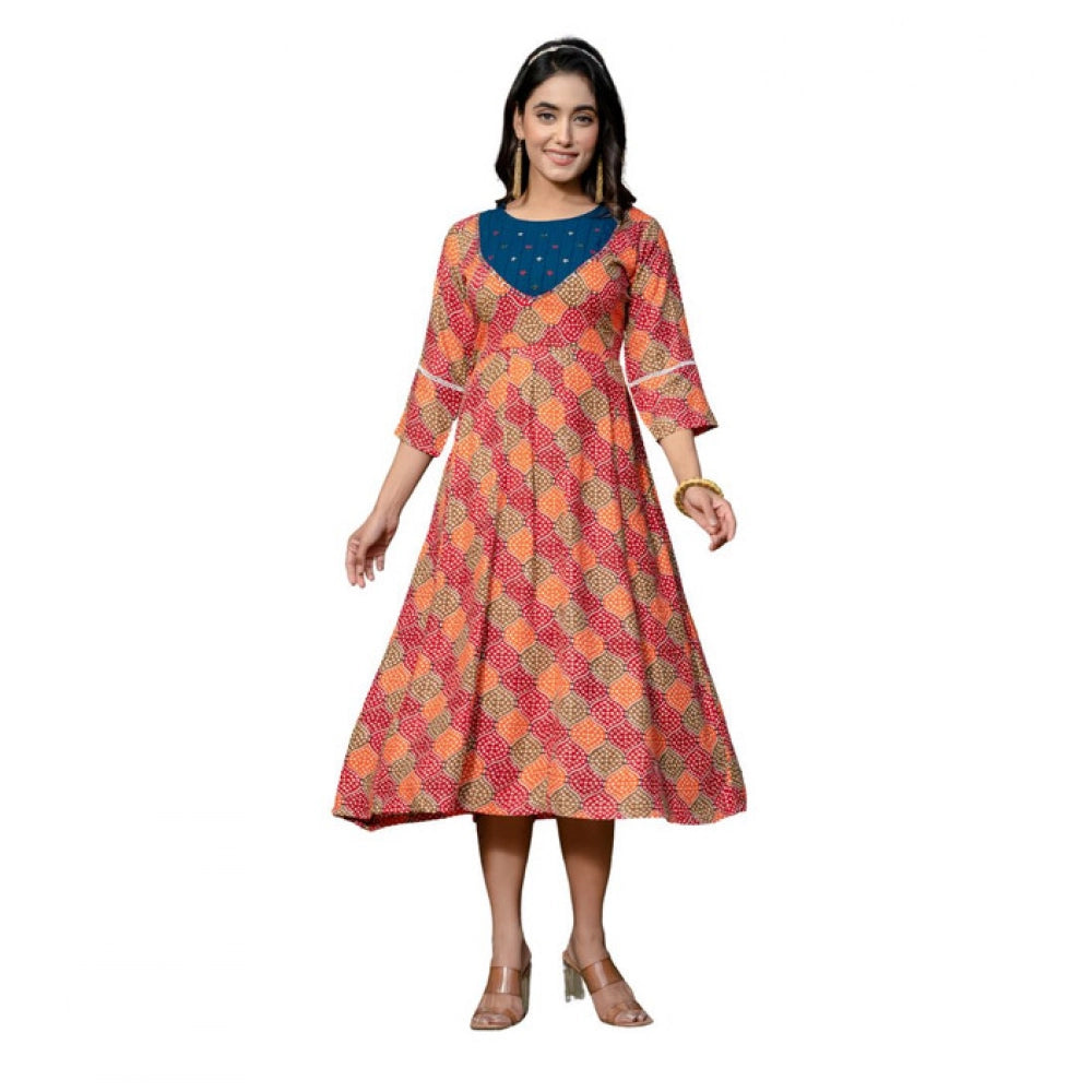 Generic Women's Rayon Print With Embroidery Work A-Line Kurti (Multicolor) Main image