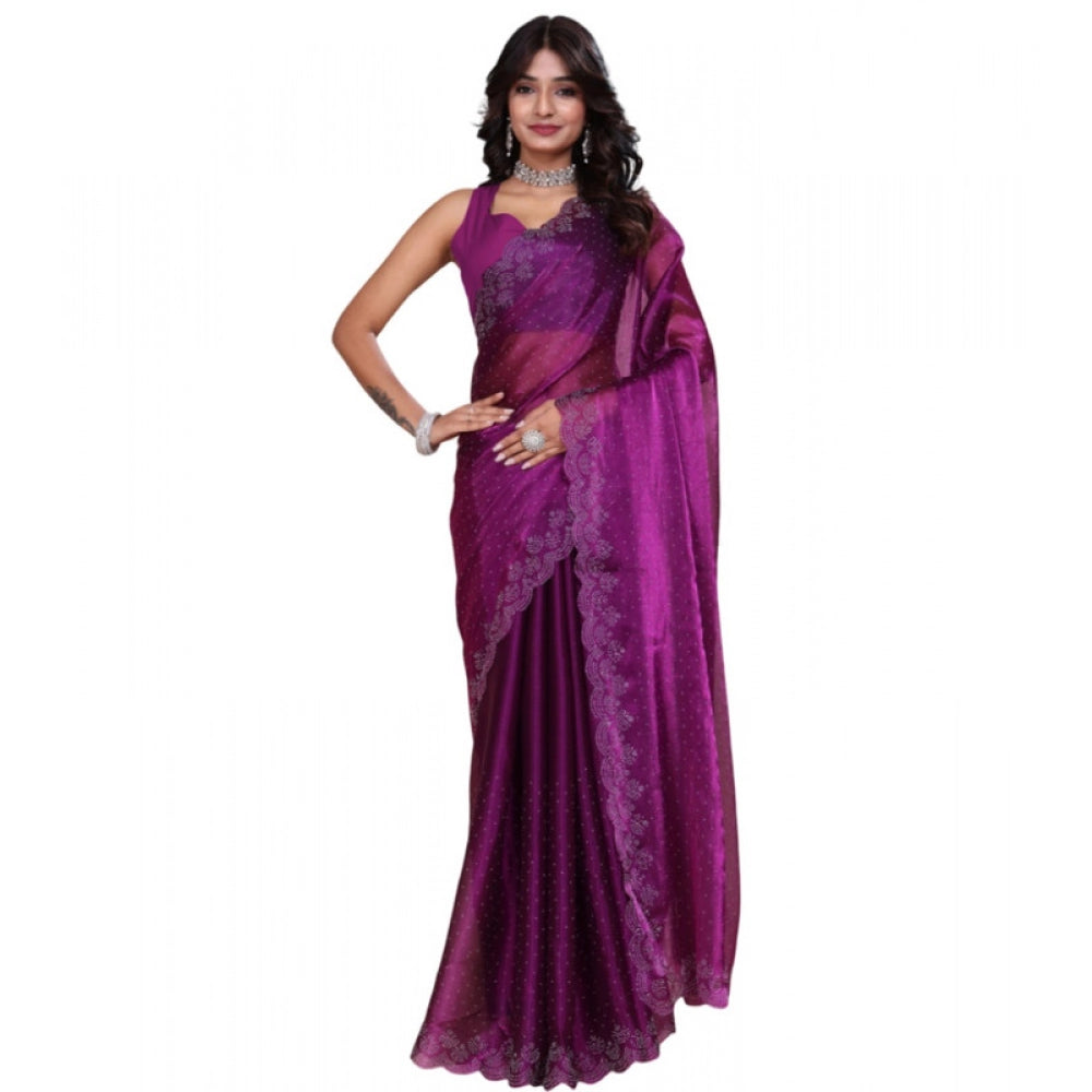 Generic Women's Tissue Pure Silk Embellished Bollywood Saree With Unstitched Blouse 5.5Mtr (Purple) Main image