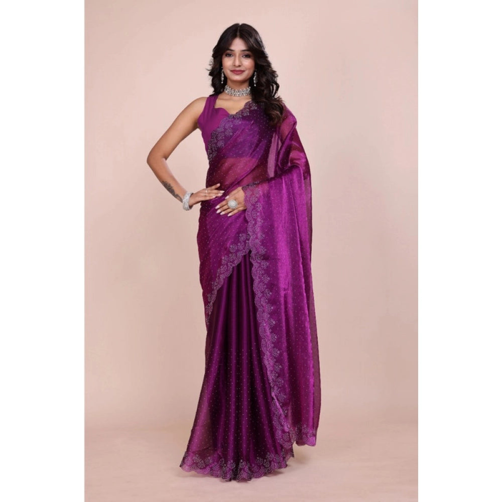 Generic Women's Tissue Pure Silk Embellished Bollywood Saree With Unstitched Blouse 5.5Mtr (Purple) Secondary image