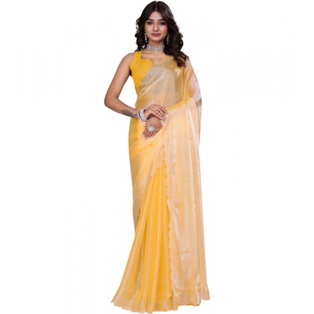 Generic Women's Tissue Pure Silk Embellished Bollywood Saree With Unstitched Blouse 5.5Mtr (Yellow) Secondary image
