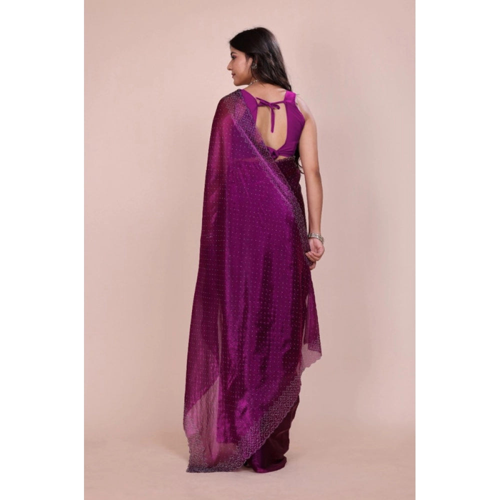 Generic Women's Jimmy choo Embellished Bollywood Saree With Unstitched Blouse 5.5Mtr (Purple) Secondary image