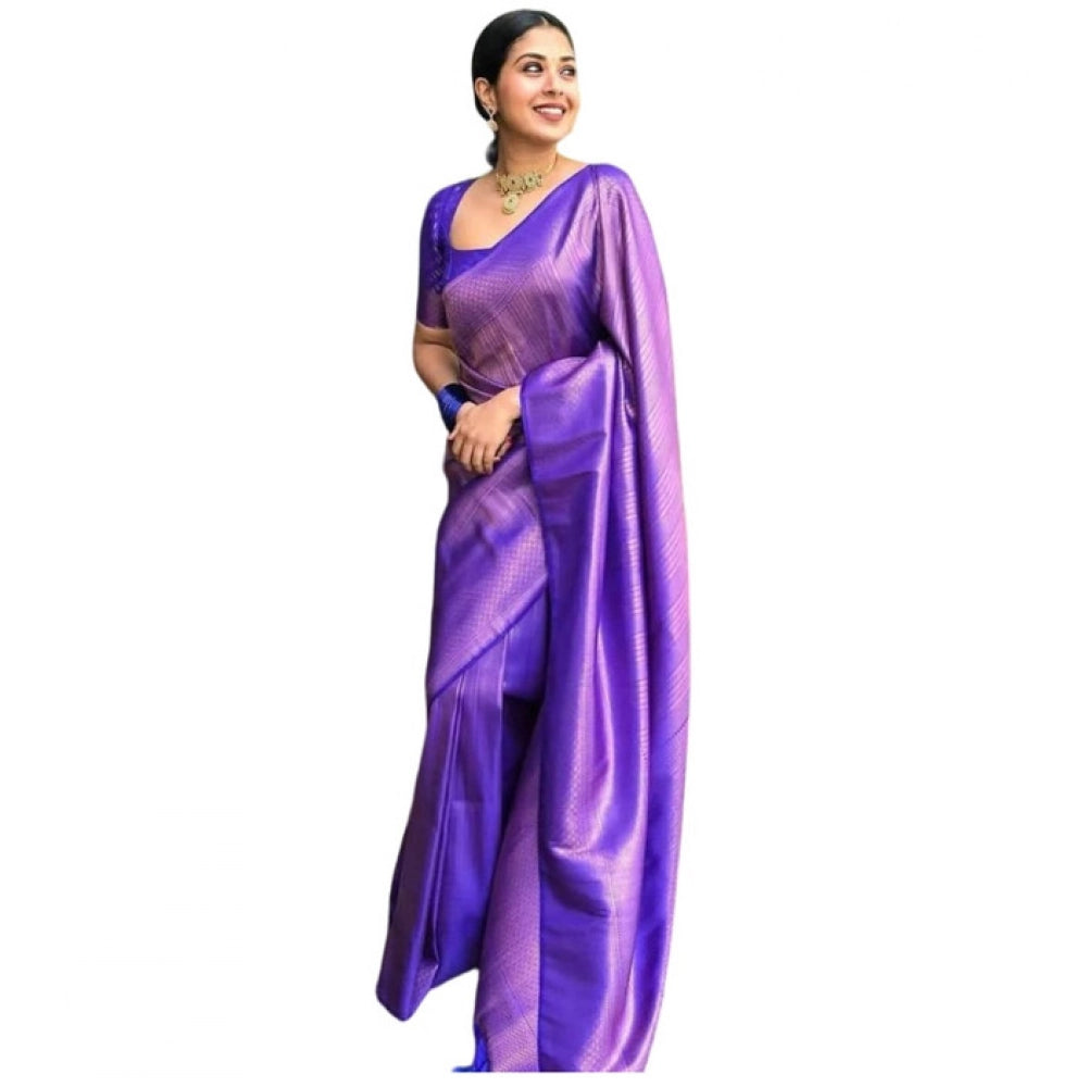 Generic Women's Litchi silk Printed Saree With Unstitched Blouse (Purple) Main image