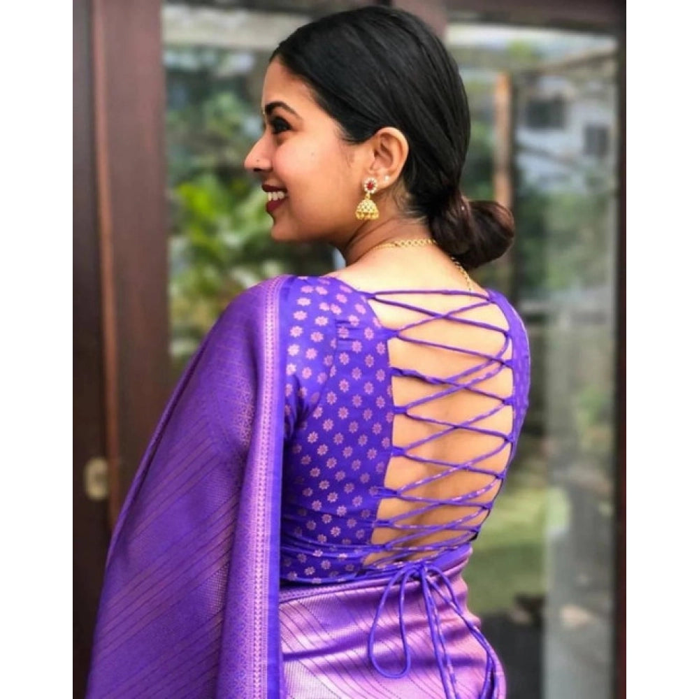 Generic Women's Litchi silk Printed Saree With Unstitched Blouse (Purple) Secondary image
