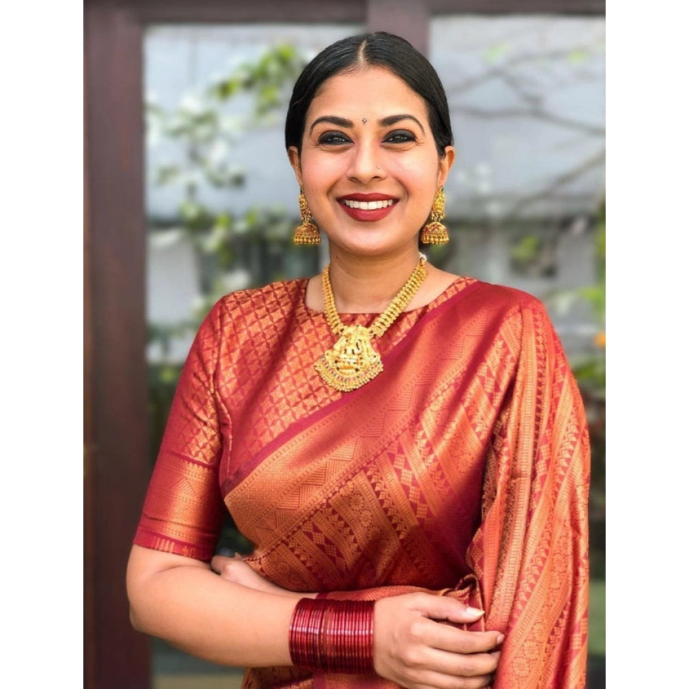 Generic Women's Litchi silk Printed Saree With Unstitched Blouse (Red) Main image
