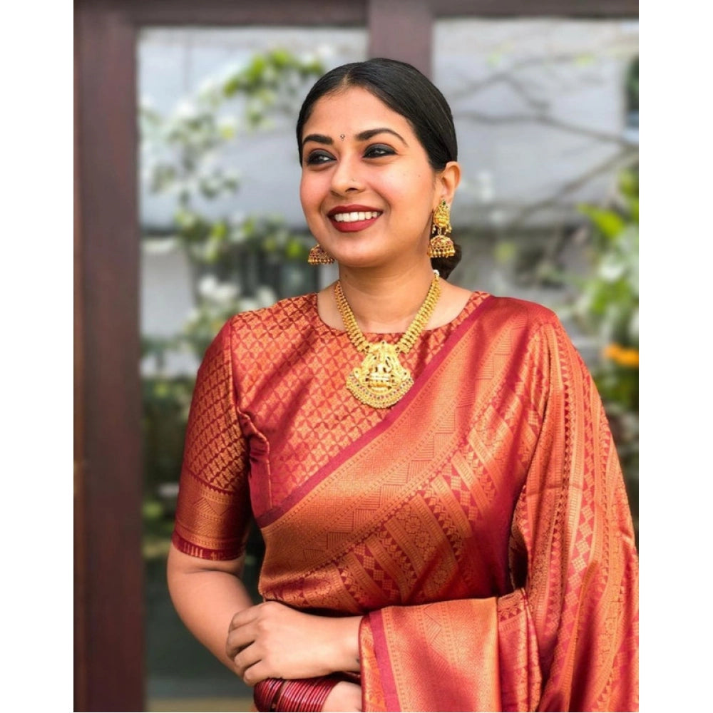 Generic Women's Litchi silk Printed Saree With Unstitched Blouse (Red) Secondary image