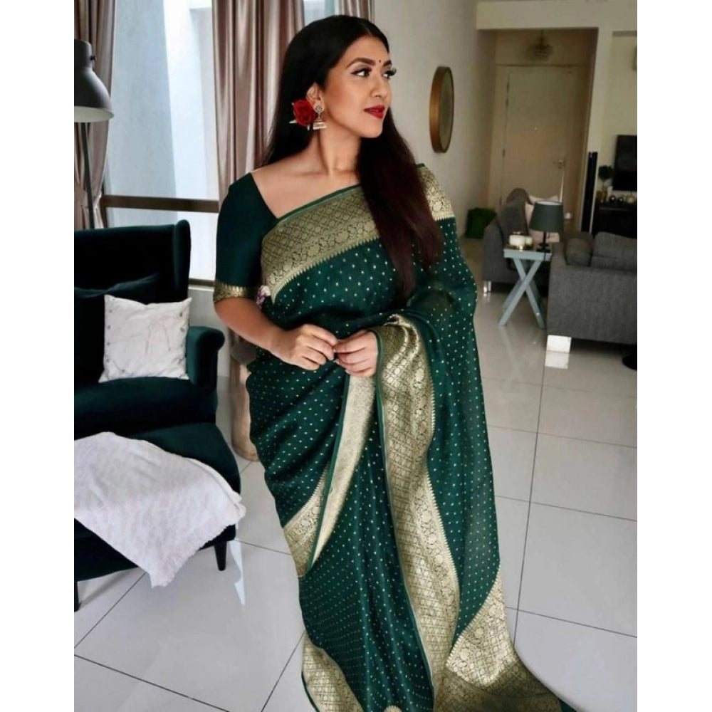 Generic Women's Litchi silk Printed Saree With Unstitched Blouse (Green) Main image