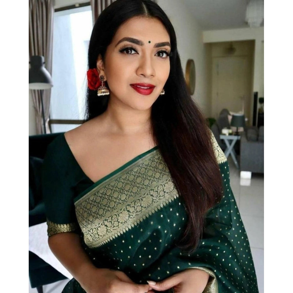 Generic Women's Litchi silk Printed Saree With Unstitched Blouse (Green) Secondary image
