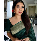 Generic Women's Litchi silk Printed Saree With Unstitched Blouse (Green)