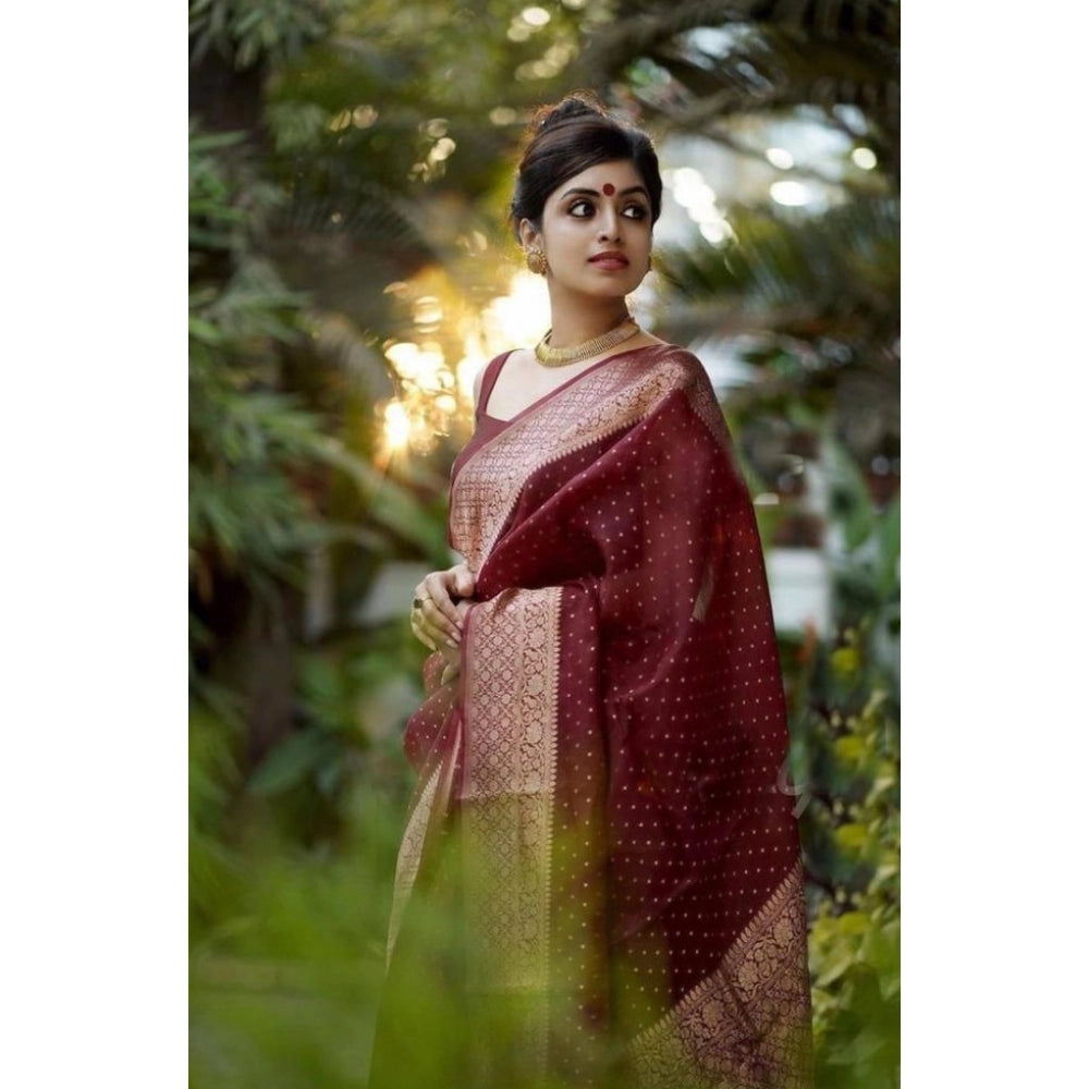 Generic Women's Litchi silk Printed Saree With Unstitched Blouse (Maroon) Main image