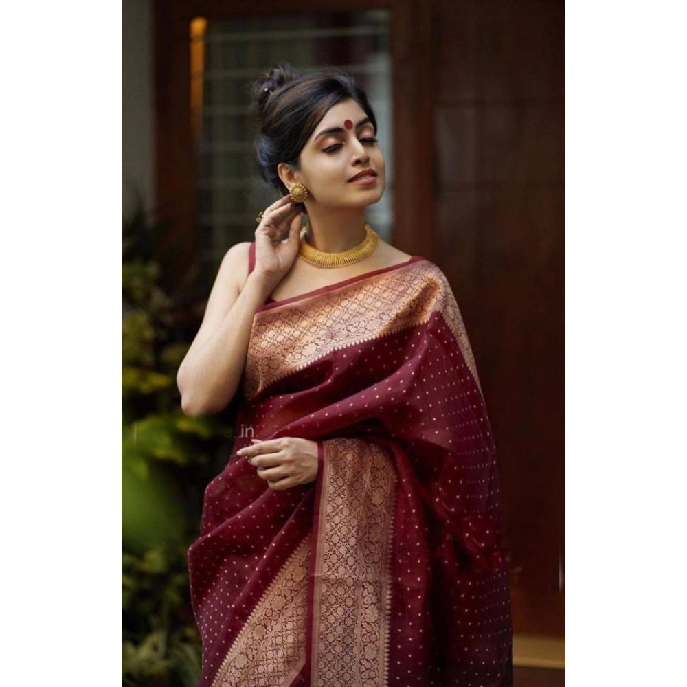 Generic Women's Litchi silk Printed Saree With Unstitched Blouse (Maroon) Secondary image