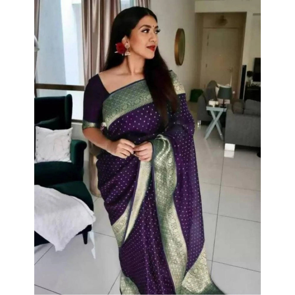Generic Women's Litchi silk Printed Saree With Unstitched Blouse (Purple) Main image
