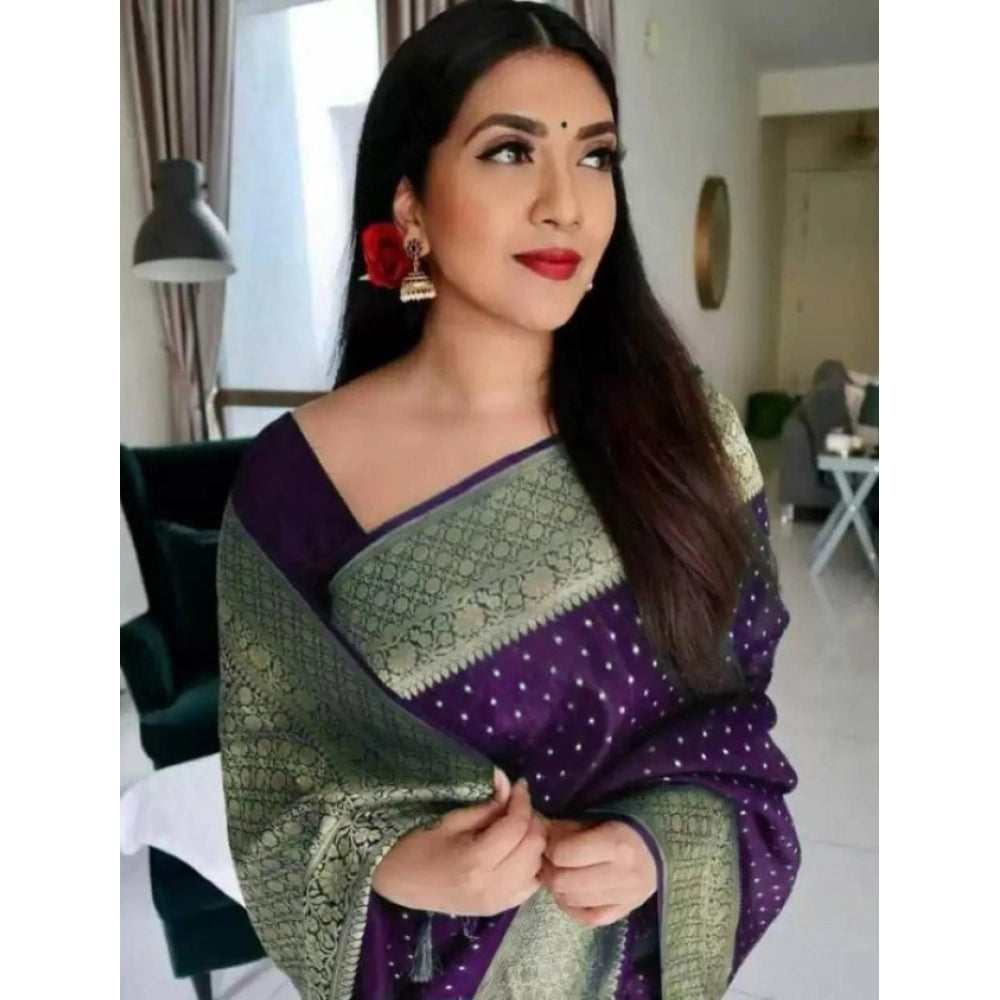 Generic Women's Litchi silk Printed Saree With Unstitched Blouse (Purple) Secondary image