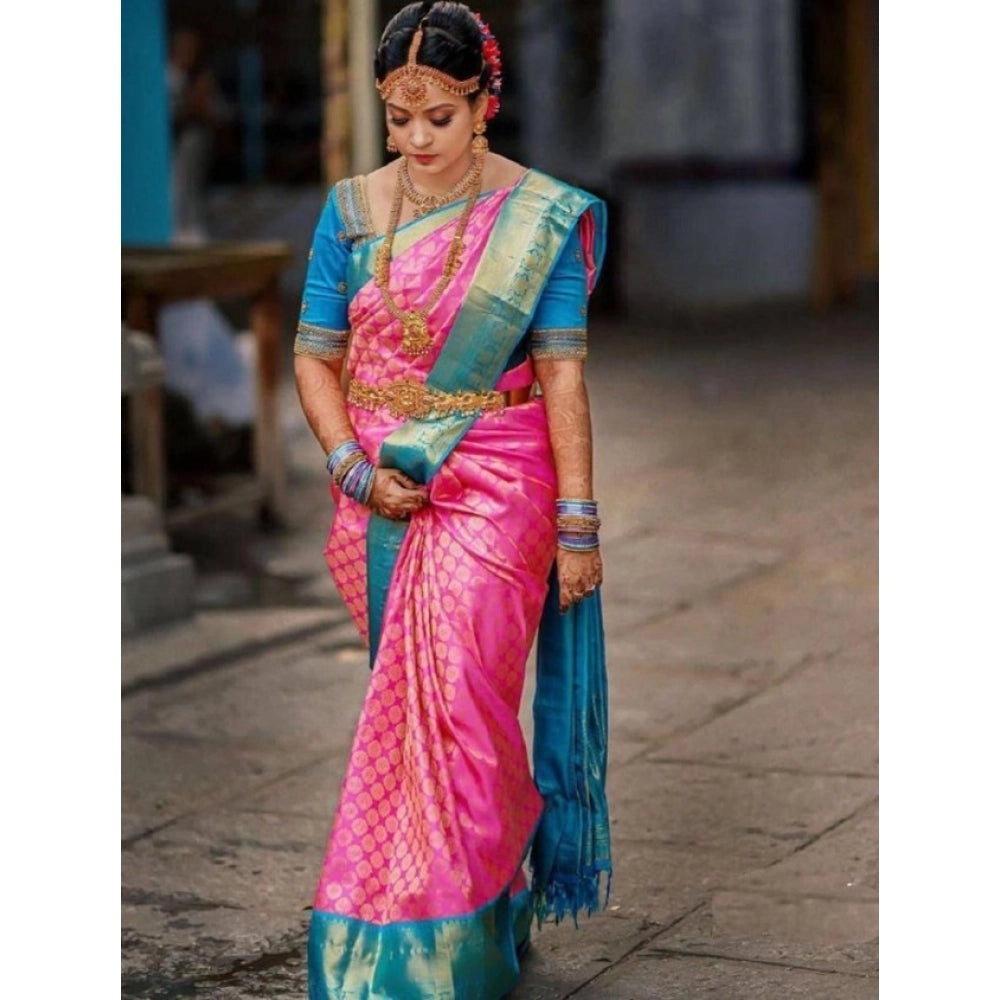 Generic Women's Litchi silk Printed Saree With Unstitched Blouse (Pink) Main image