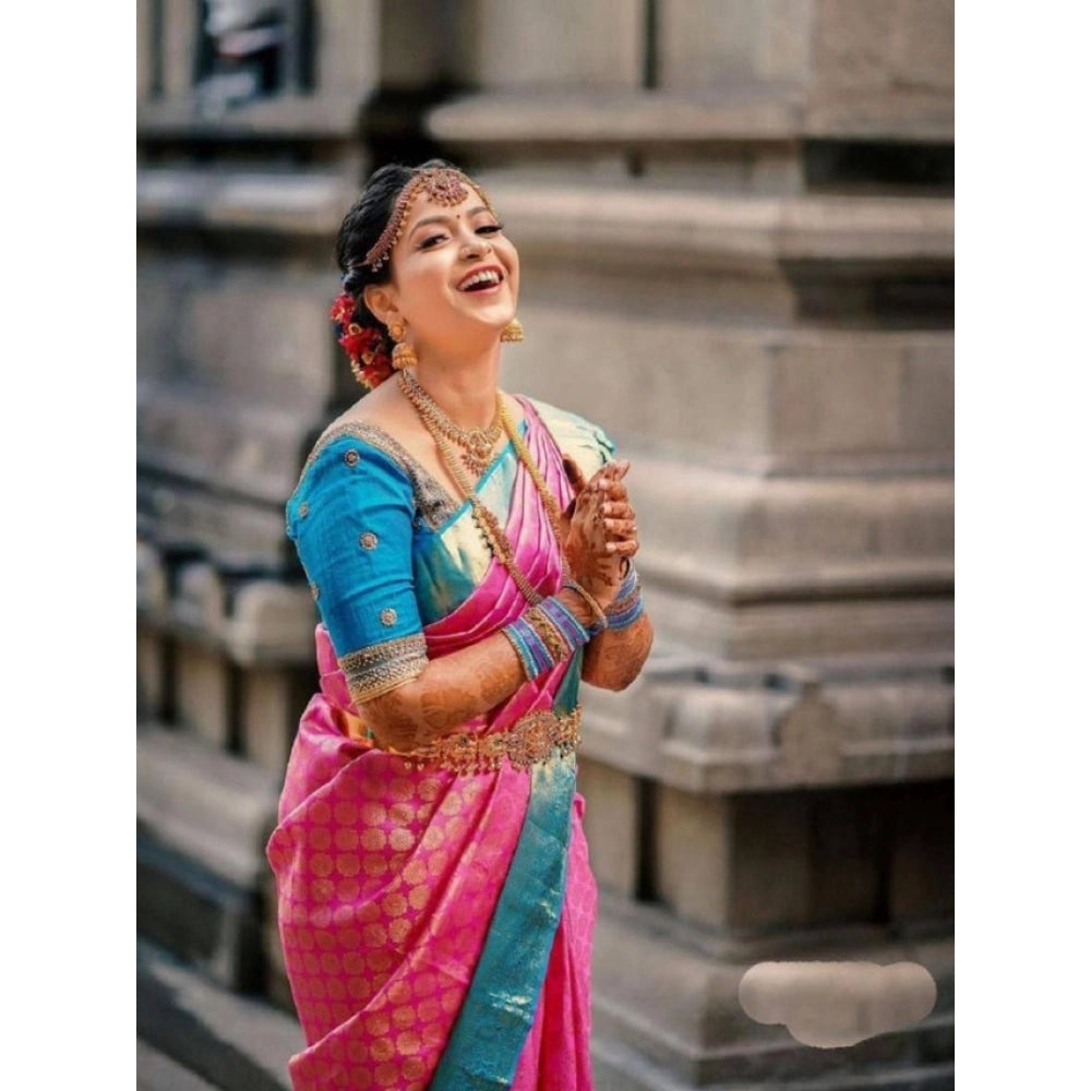 Generic Women's Litchi silk Printed Saree With Unstitched Blouse (Pink) Secondary image