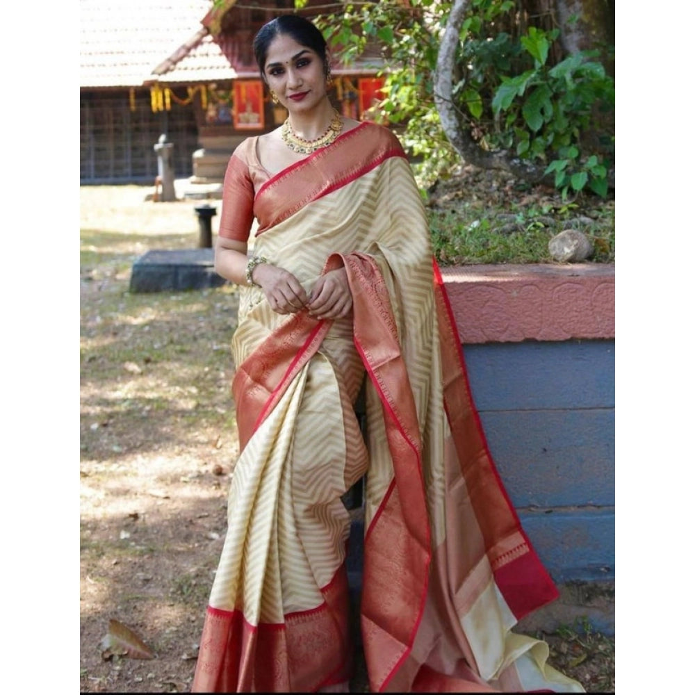 Generic Women's Litchi silk Printed Saree With Unstitched Blouse (Beige) Main image