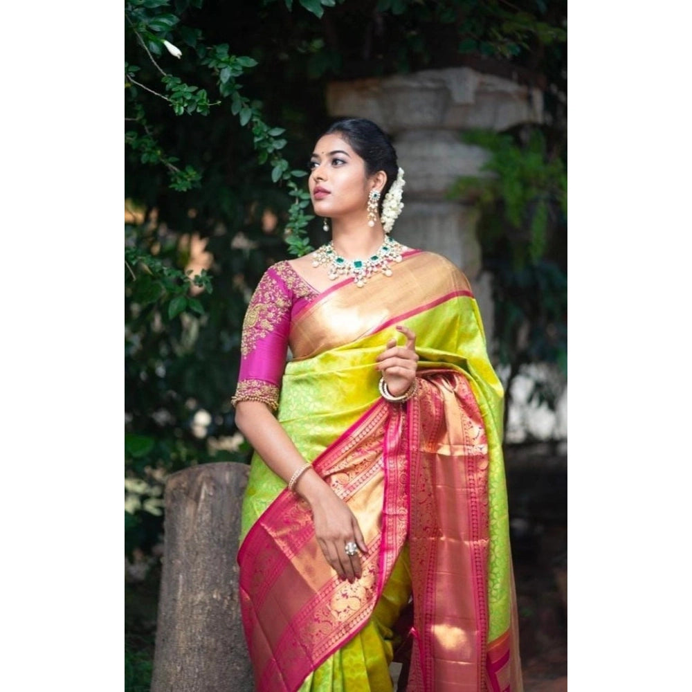Generic Women's Litchi silk Printed Saree With Unstitched Blouse (Green) Secondary image