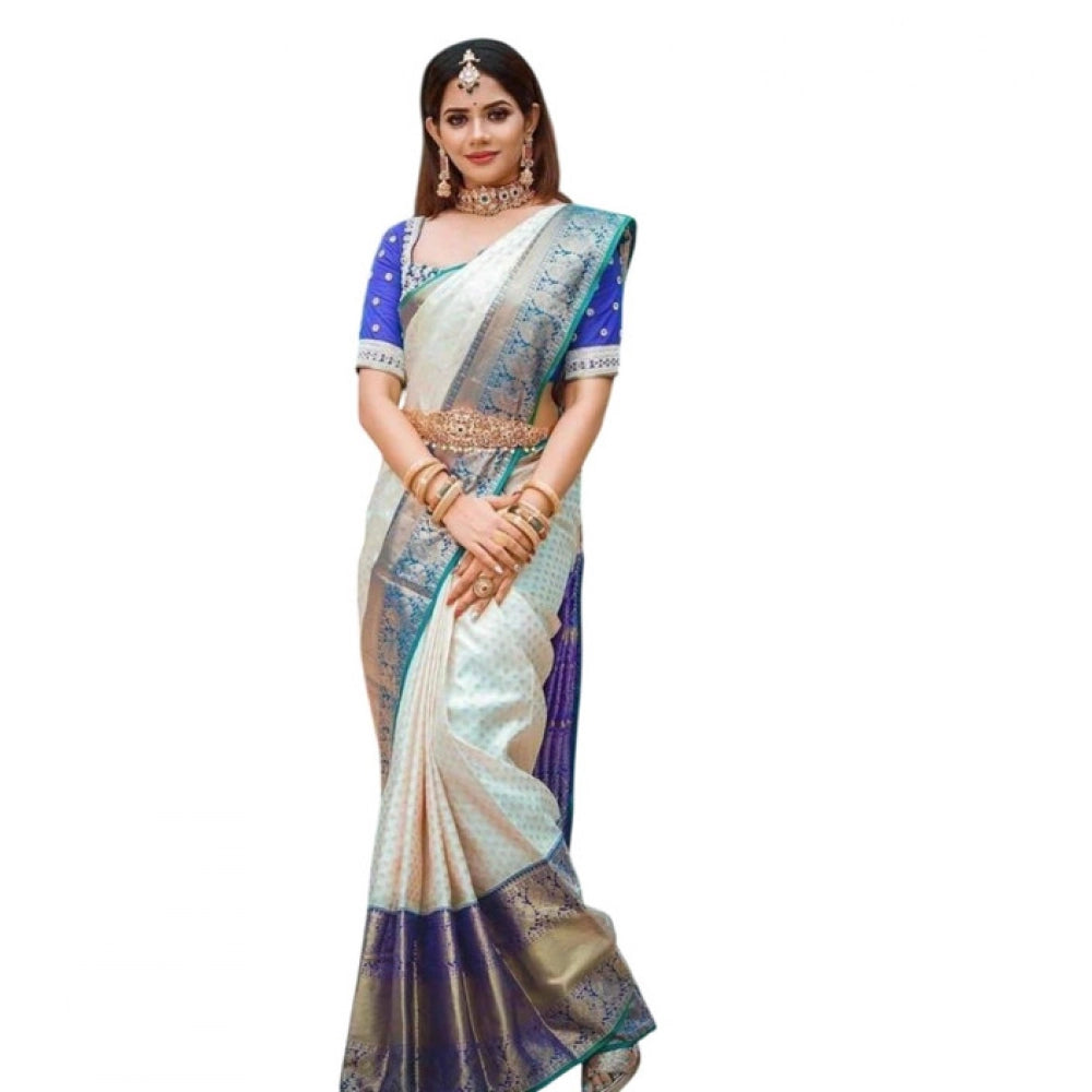 Generic Women's Litchi silk Printed Saree With Unstitched Blouse (Off White) Main image