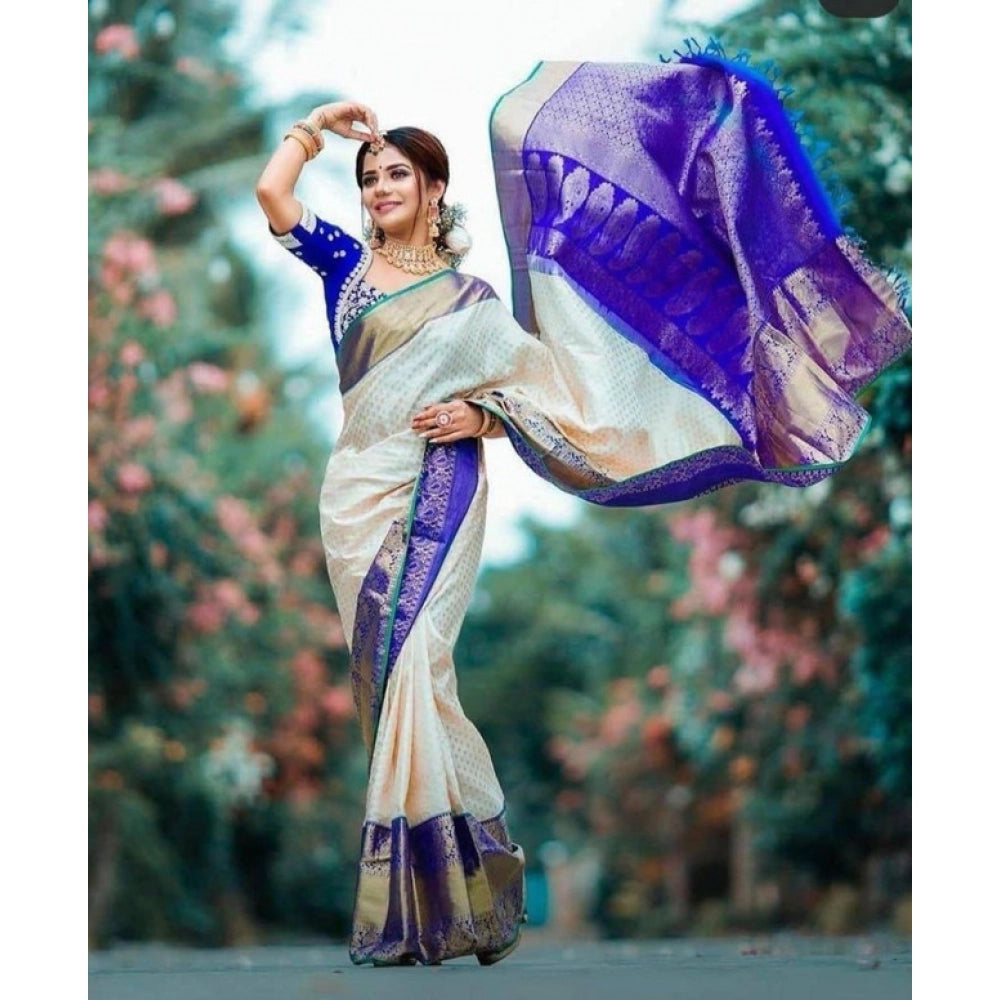 Generic Women's Litchi silk Printed Saree With Unstitched Blouse (Off White) Secondary image
