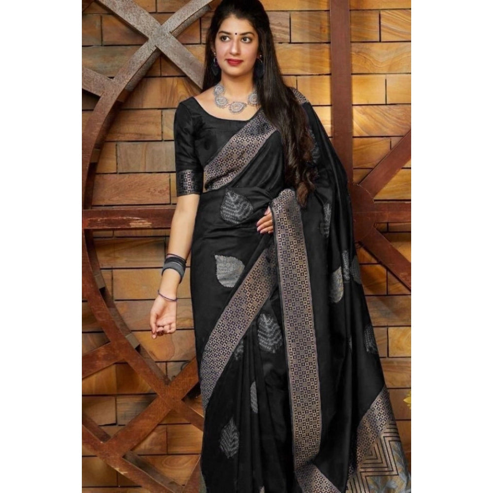 Generic Women's Litchi silk Printed Saree With Unstitched Blouse (Black) Main image