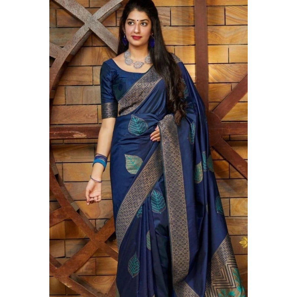 Generic Women's Litchi silk Printed Saree With Unstitched Blouse (Blue) Main image
