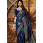 Generic Women's Litchi silk Printed Saree With Unstitched Blouse (Blue)
