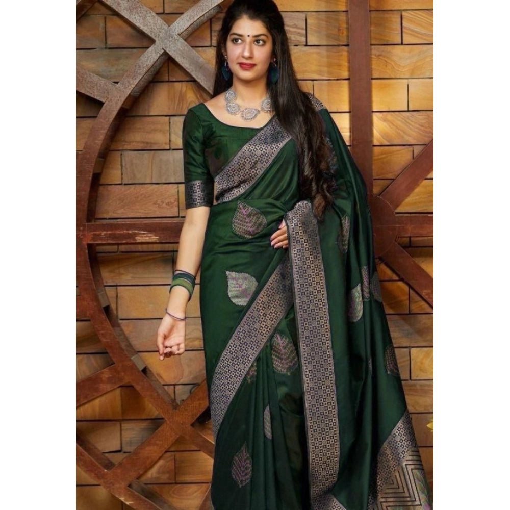 Generic Women's Litchi silk Printed Saree With Unstitched Blouse (Green) Main image