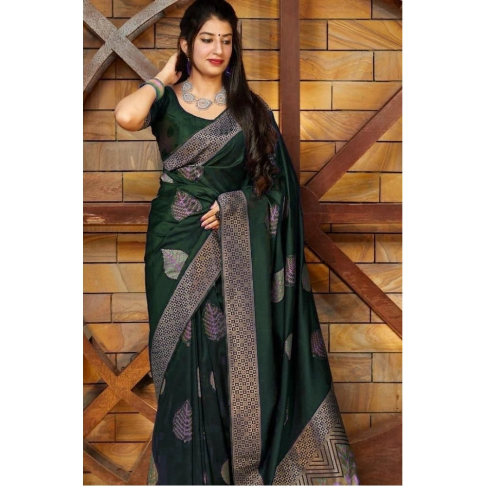 Generic Women's Litchi silk Printed Saree With Unstitched Blouse (Green) Secondary image