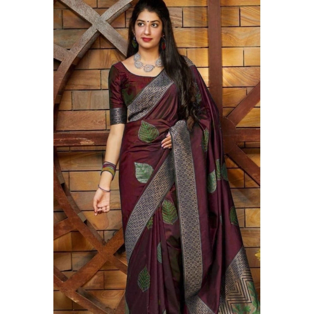 Generic Women's Litchi silk Printed Saree With Unstitched Blouse (Maroon) Main image