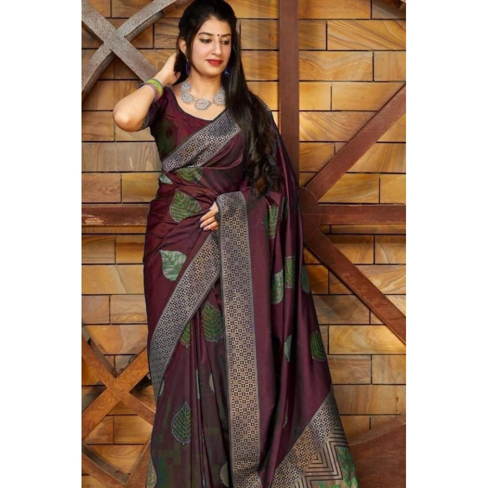 Generic Women's Litchi silk Printed Saree With Unstitched Blouse (Maroon) Secondary image
