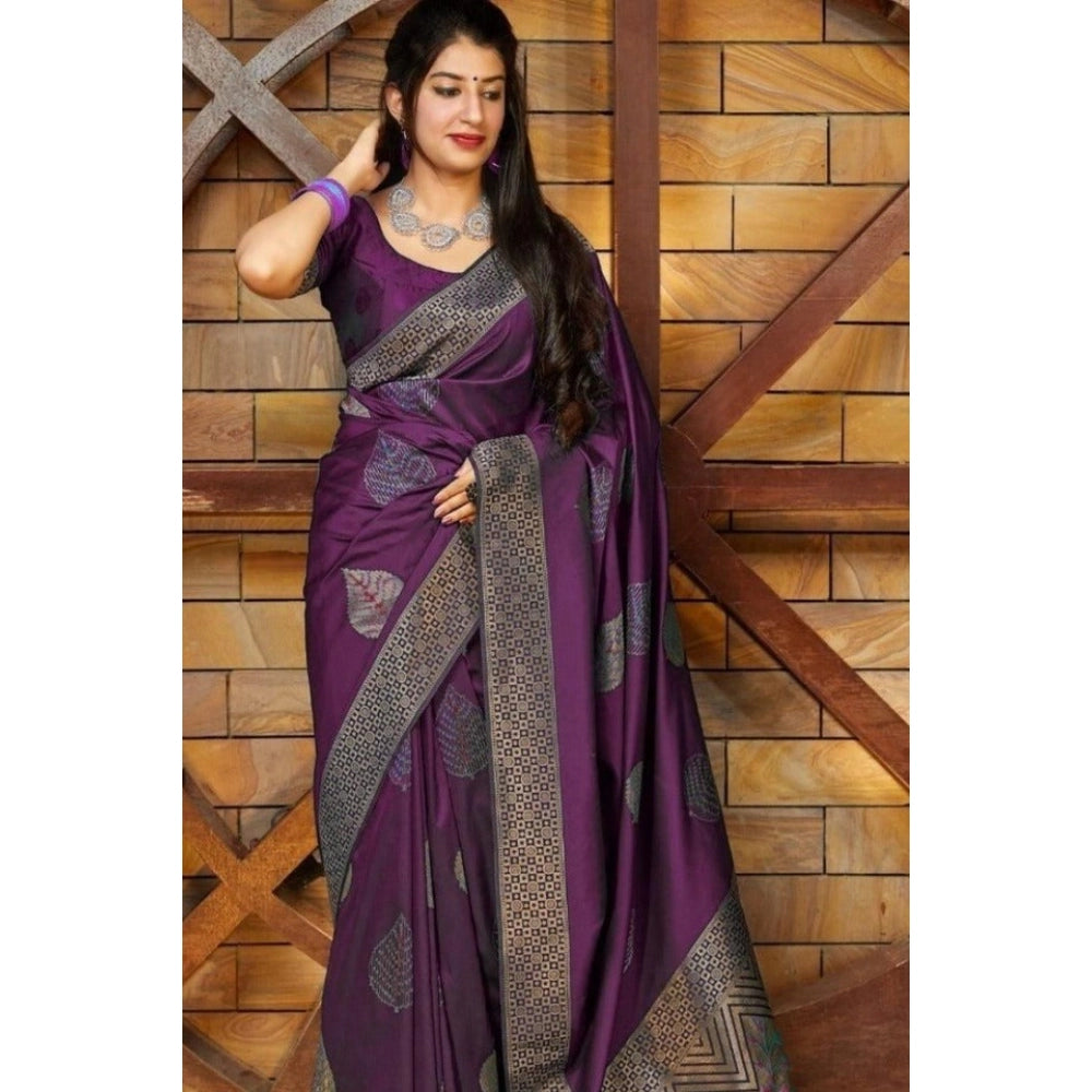 Generic Women's Litchi silk Printed Saree With Unstitched Blouse (Purple) Main image