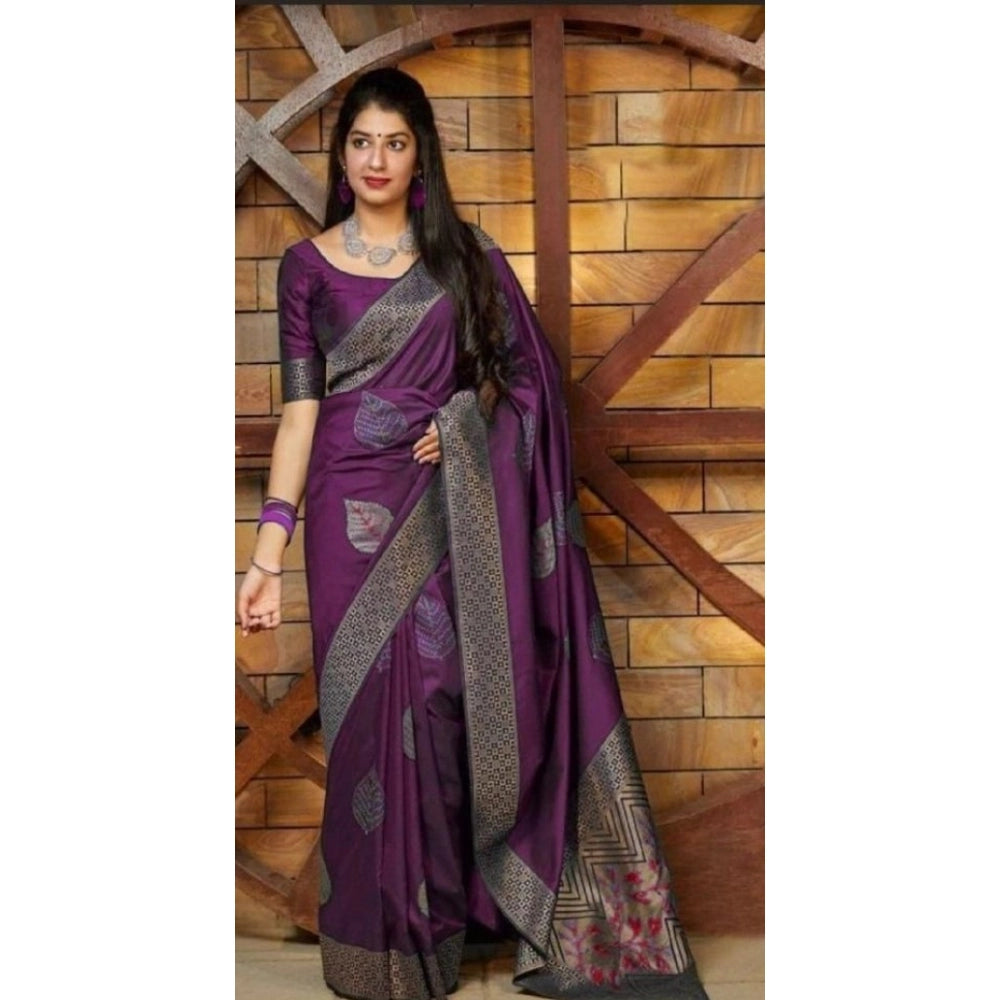 Generic Women's Litchi silk Printed Saree With Unstitched Blouse (Purple) Secondary image