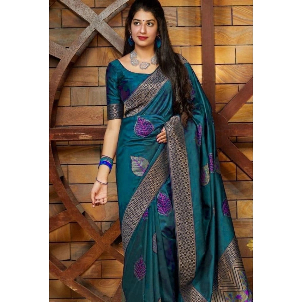 Generic Women's Litchi silk Printed Saree With Unstitched Blouse (Rama Blue) Main image