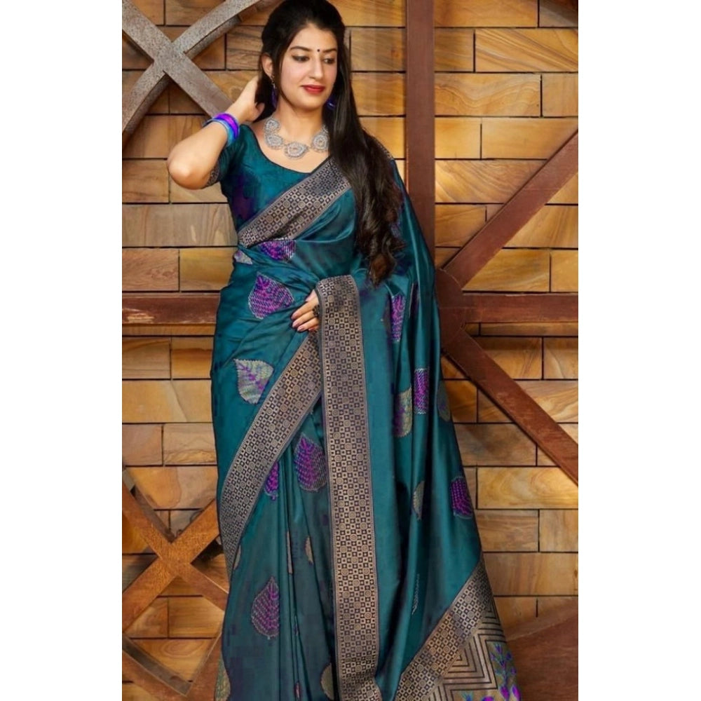 Generic Women's Litchi silk Printed Saree With Unstitched Blouse (Rama Blue) Secondary image