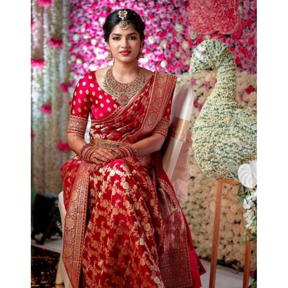 Generic Women's Litchi silk Printed Saree With Unstitched Blouse (Red) Main image