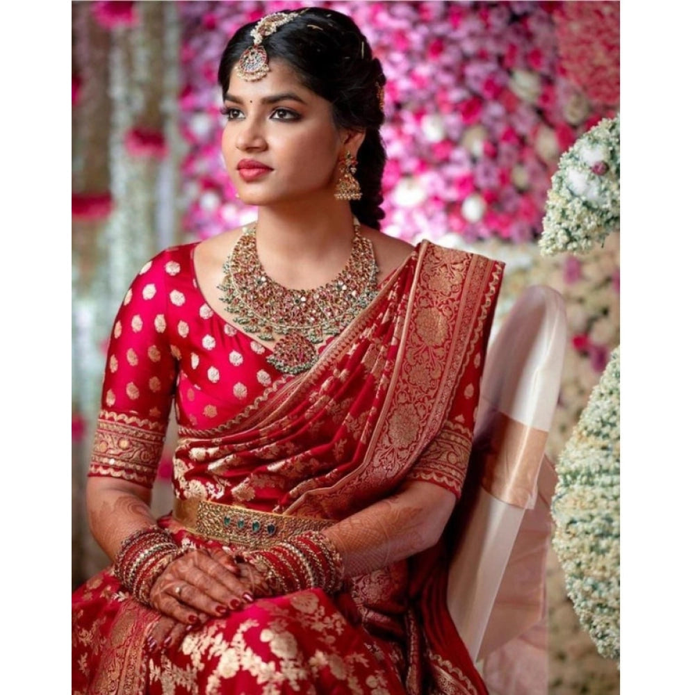 Generic Women's Litchi silk Printed Saree With Unstitched Blouse (Red) Secondary image