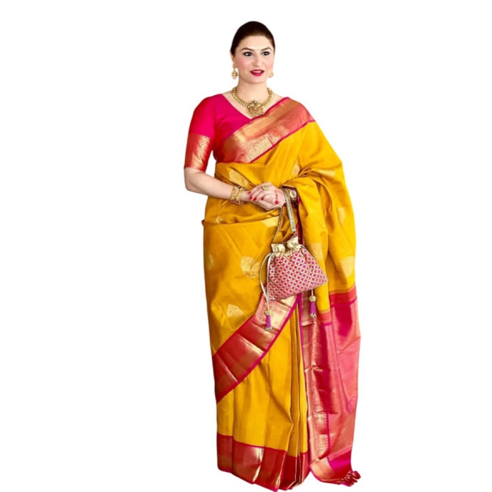 Generic Women's Litchi silk Printed Saree With Unstitched Blouse (Yellow) Main image