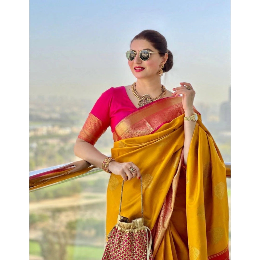 Generic Women's Litchi silk Printed Saree With Unstitched Blouse (Yellow) Secondary image