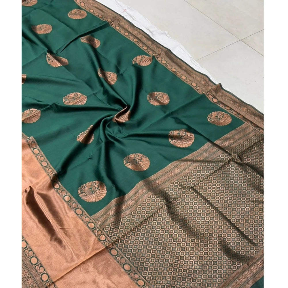 Generic Women's Litchi silk Printed Saree With Unstitched Blouse (Green) Main image
