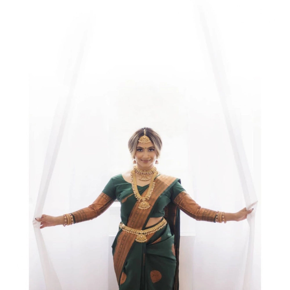 Generic Women's Litchi silk Printed Saree With Unstitched Blouse (Green) Secondary image