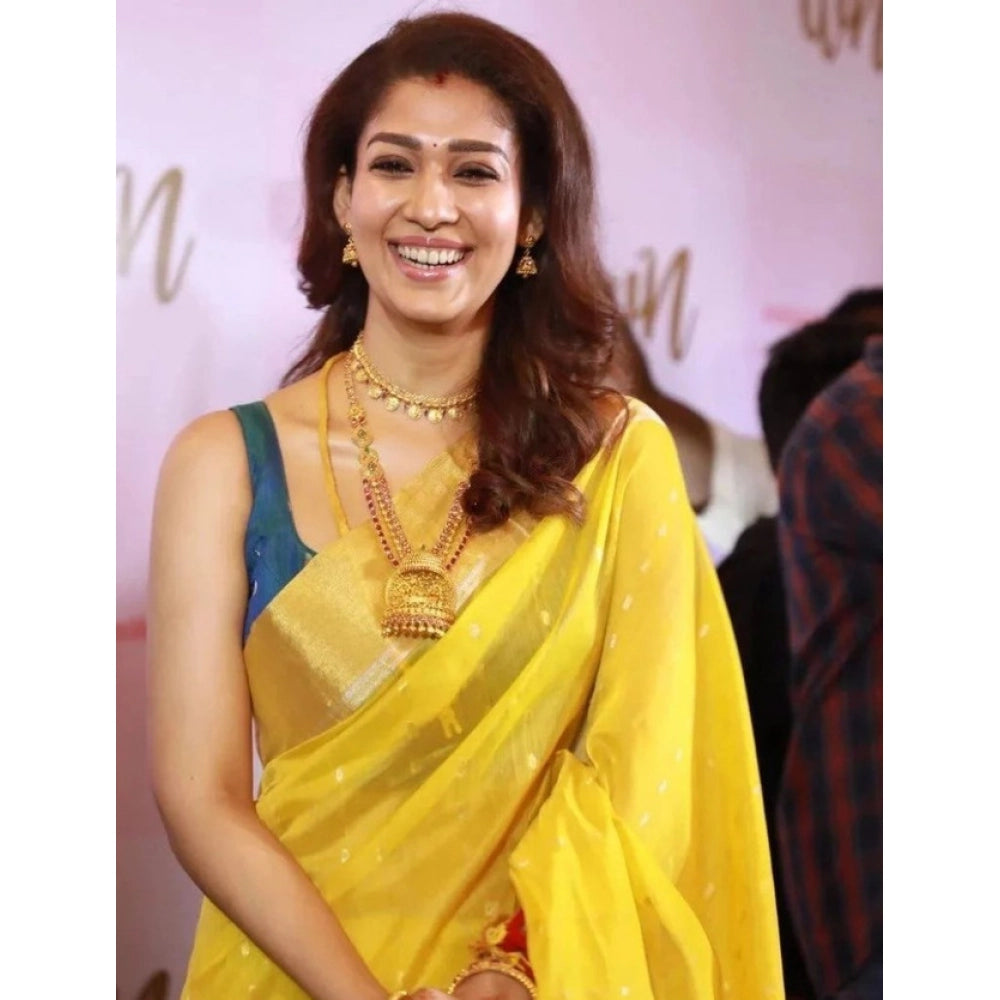 Generic Women's Litchi silk Printed Saree With Unstitched Blouse (Yellow) Main image