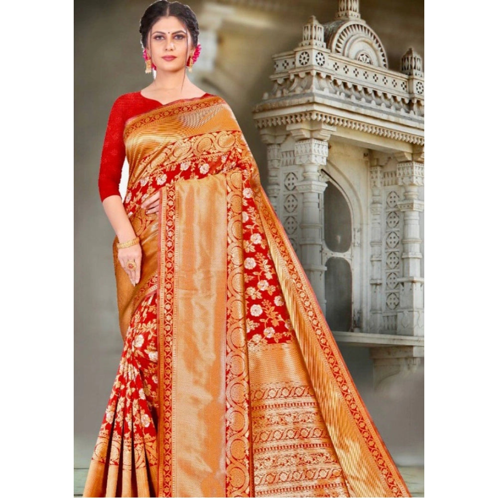 Generic Women's Litchi silk Printed Saree With Unstitched Blouse (Red) Main image