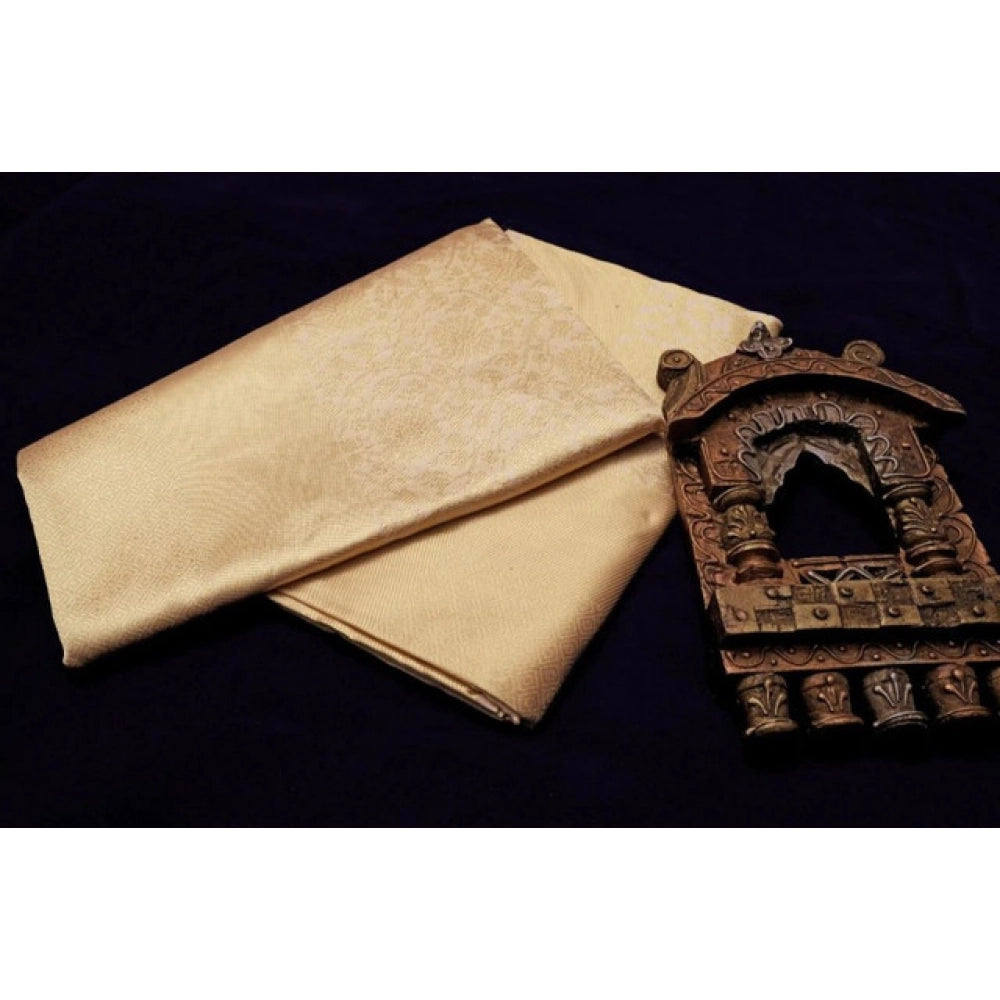 Generic Women's Litchi silk Printed Saree With Unstitched Blouse (Gold)