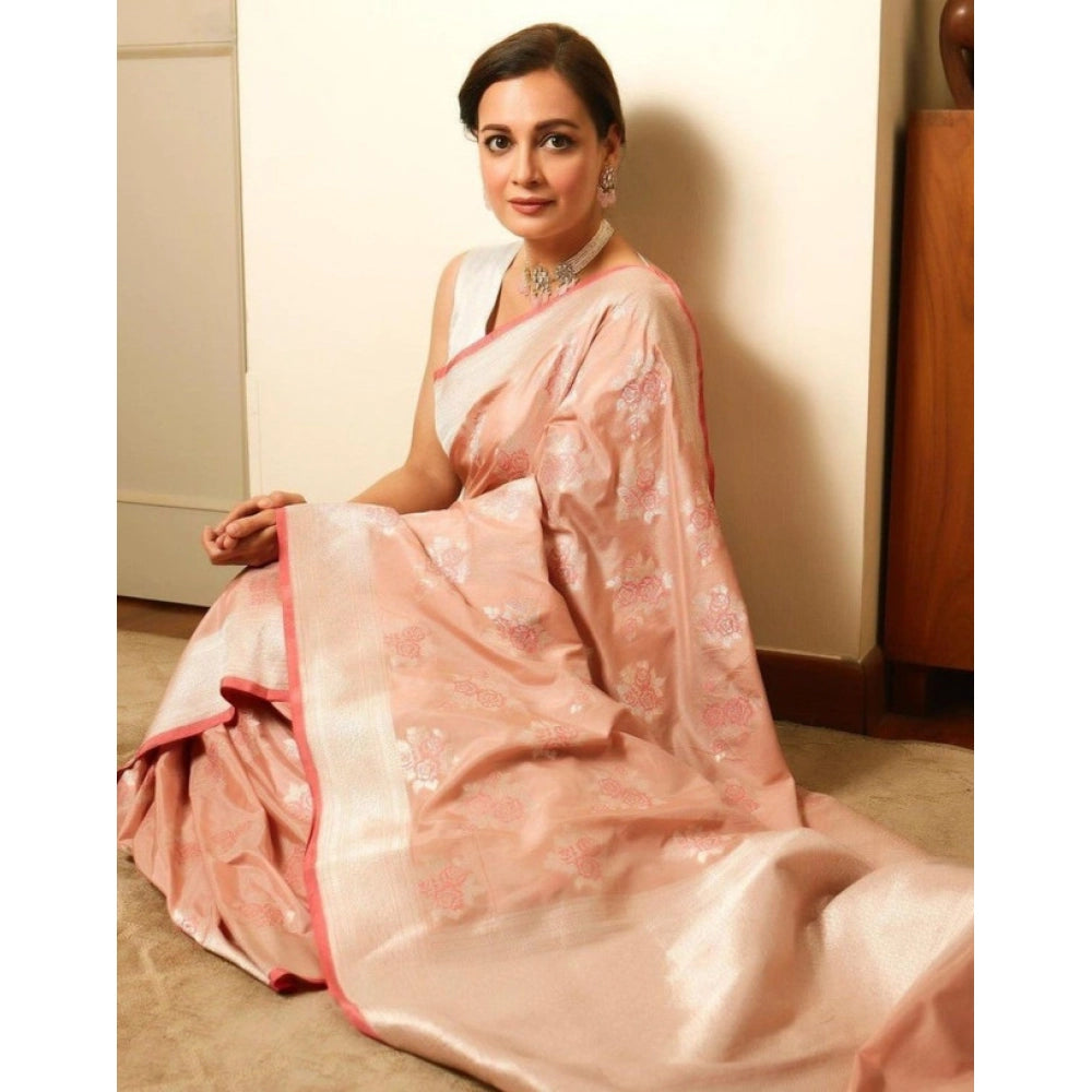 Generic Women's Litchi silk Printed Saree With Unstitched Blouse (Peach) Main image