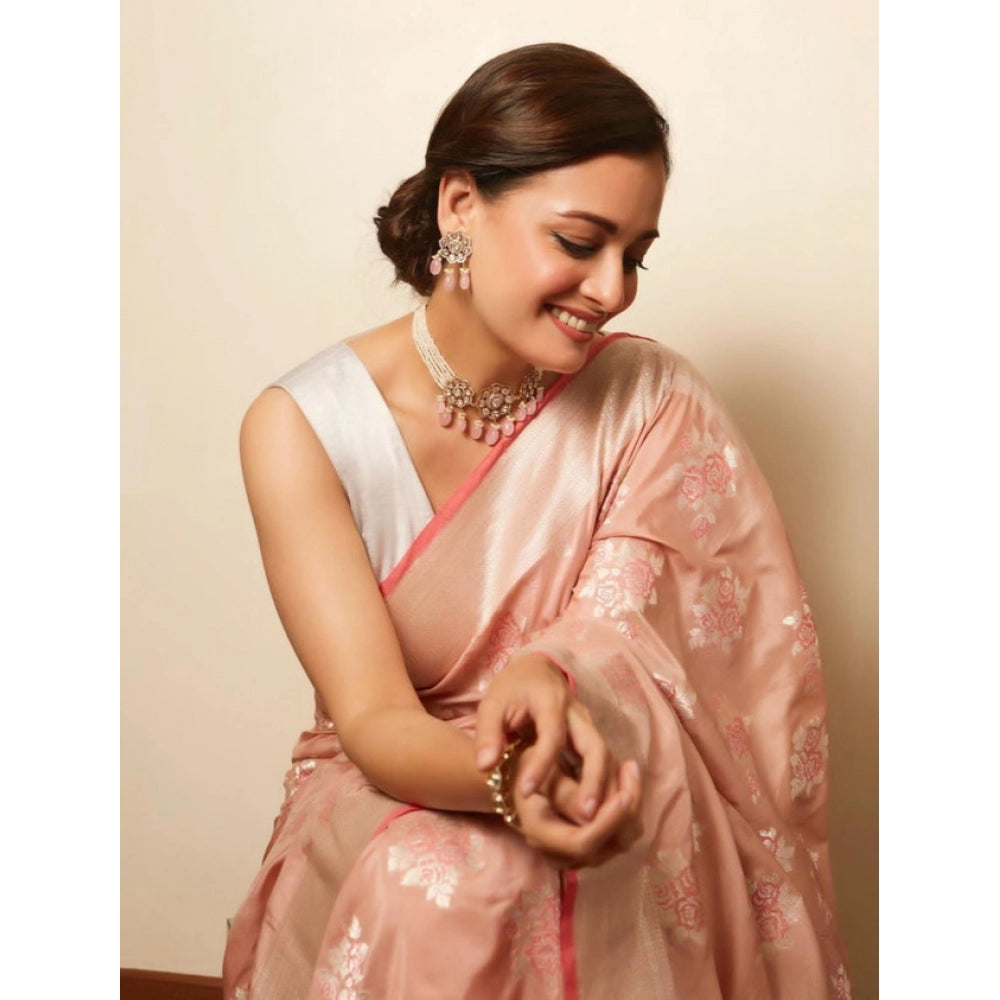 Generic Women's Litchi silk Printed Saree With Unstitched Blouse (Peach) Secondary image