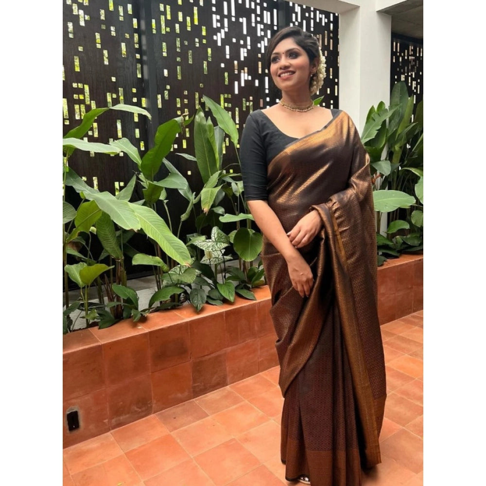 Generic Women's Litchi silk Printed Saree With Unstitched Blouse (Gold) Main image